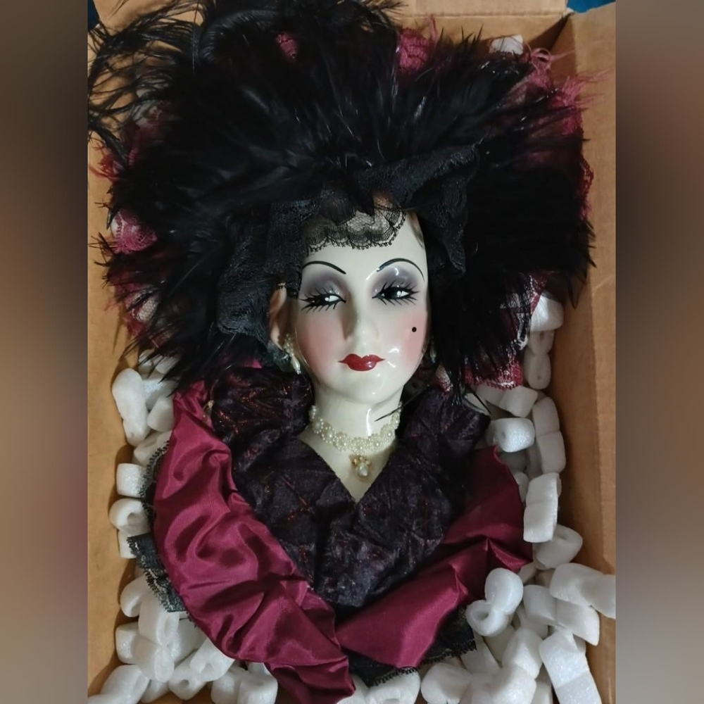 Elegant Porcelain Doll with Feathered Hat Artist Signature